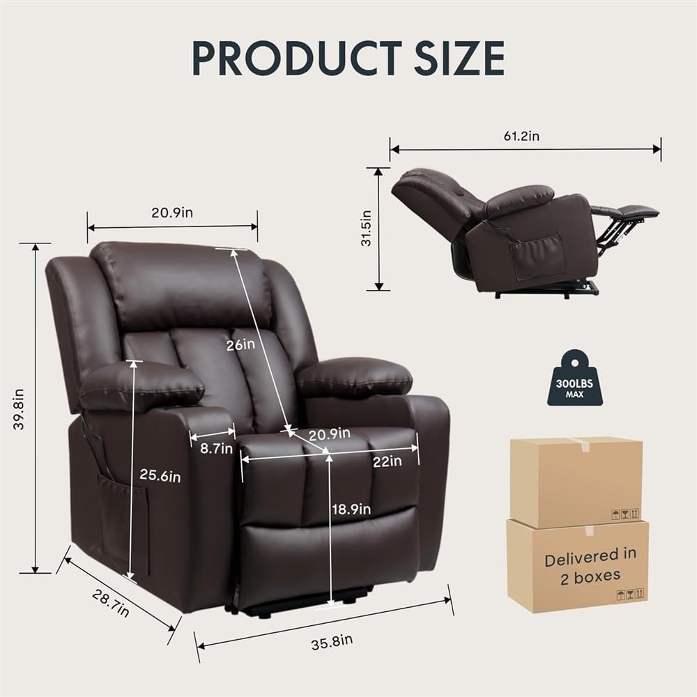 Power Lift Recliner Chair, Living Room Electric Recliner with Massage and Heat, Leather Lift Chair with USB Port and Cup Holders, Adjustable Reclining Sofa with Side Pocket