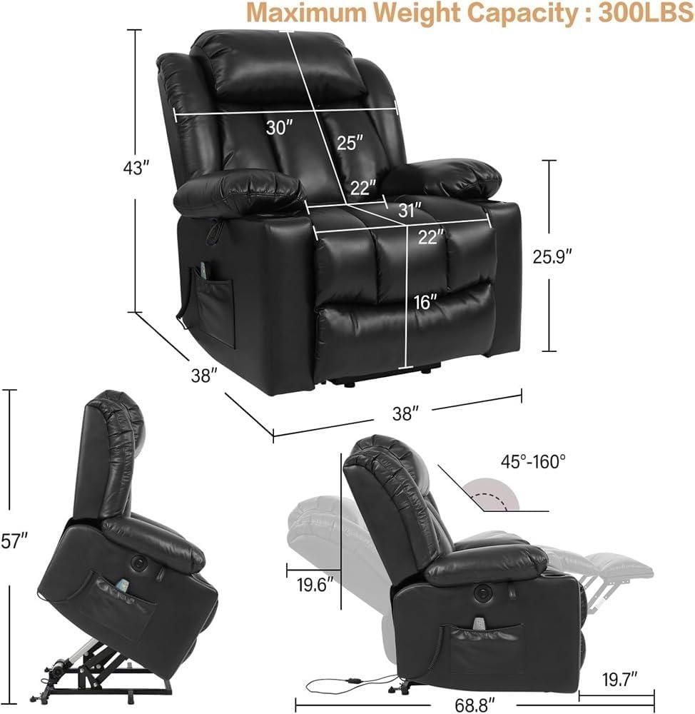 Power Lift Recliner with Massage Heat and USB Ports Electric Stand Assist Chair for Elderly Adults Breathable Leather Sofa Comfortable Lounger with Cup Holders