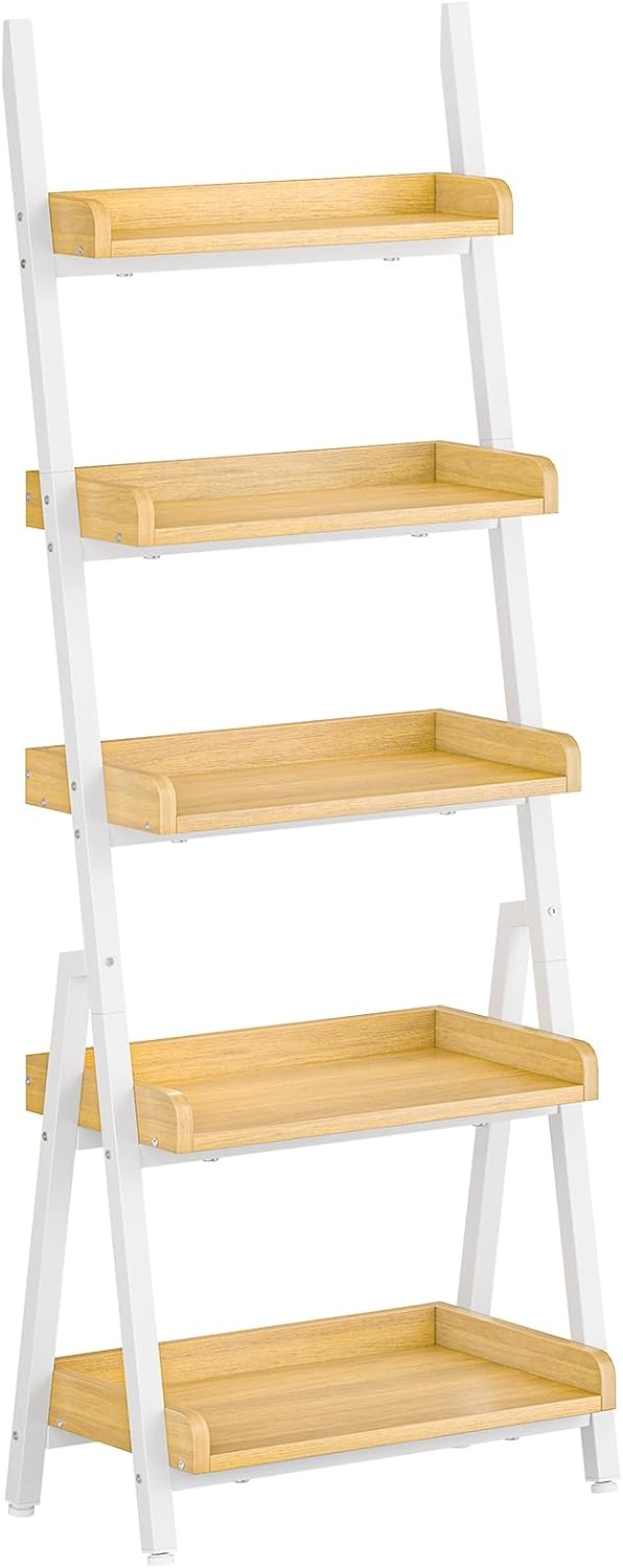 HOOBRO Small Bookcase, Ladder Shelf, 5-Tier Wall-Leaning Shelf, Freestanding Storage Rack, Display Stand, for Living Room, Home Office, Balcony, Bedroom, White and Natural WN151CJ01