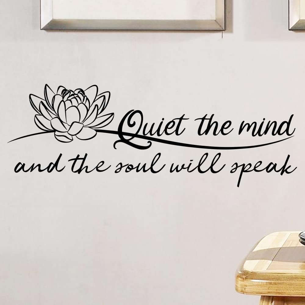 Quiet The Mind and The Soul Will Speak Lotus - Pure Black Vinyl Wall Decal Without Transparent Edge Art Letters Meditation Quotes Decoration Yoga Pilates Sayings