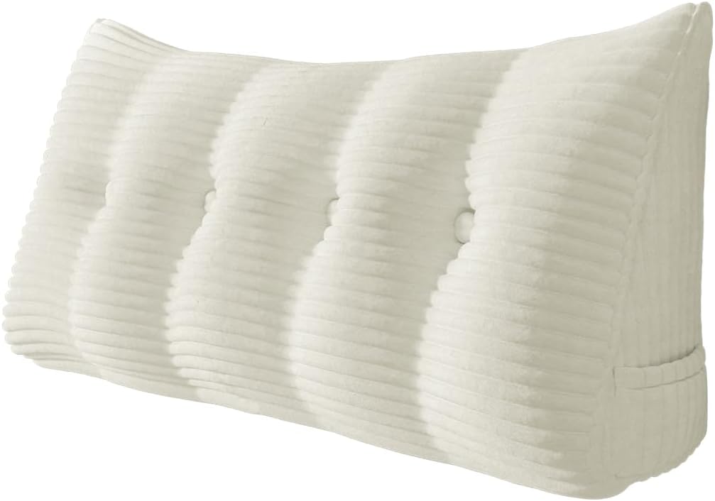 Fully Stuffed Thicken Headboard Pillow Full Padded Headboard Soft and Firm Support Large Bolster Triangular Bed Wedge Pillow Backrest Positioning Bed Rest Reading Pillows for Bed Corduroy White