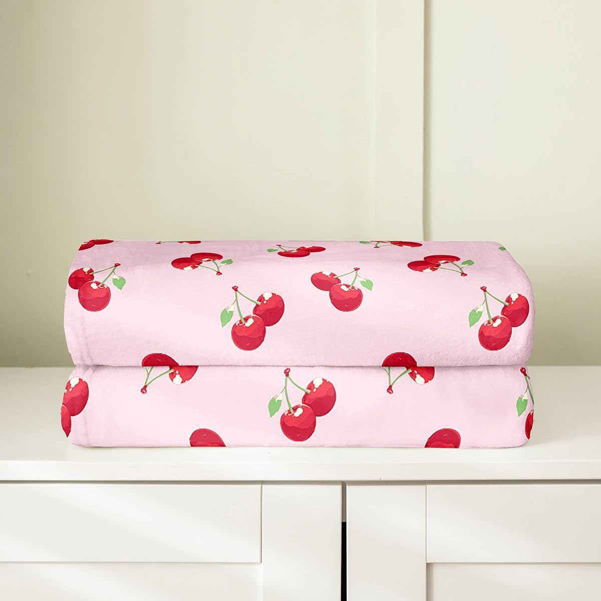 Feelyou Cherry Blanket Throw 50"x60" Pink Cherry Plush Throw Blanket, for Kids Boys Girls Decor Summer Fruit Flannel Fleece Blanket Microfiber Cute Fruit Bedroom
