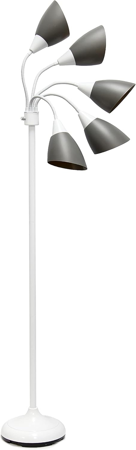 Simple Designs LF2006-GOW 67" Contemporary Multi Head Medusa 5 Light Adjustable Gooseneck White Floor Lamp with Gray Shades for Kids Bedroom Playroom Living Room Office