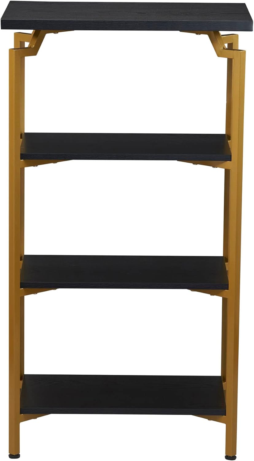 Household Essentials Crown Narrow 4 Shelf Open Storage Bookshelf Black Oak Wood Grain and Gold Metal