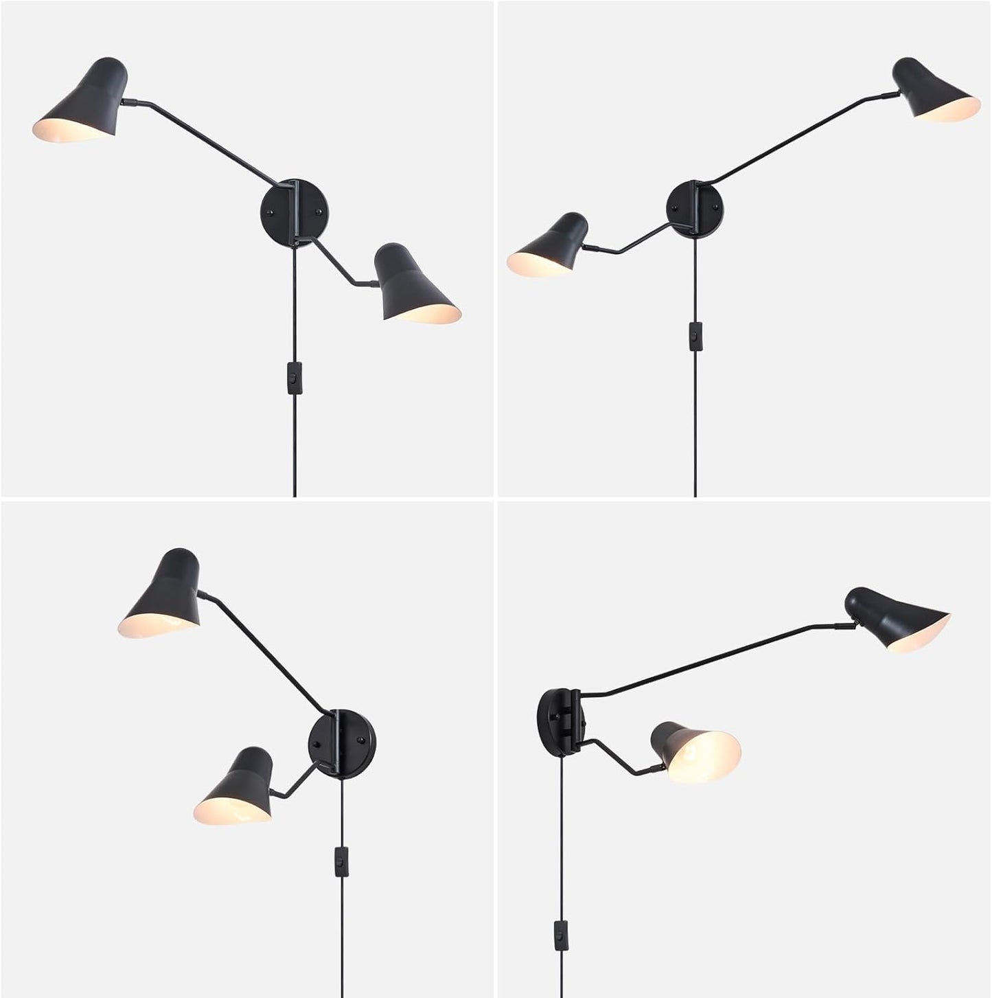 Modern 2-Lights Swing Arm Wall Sconces Black Plug in Wall Light 180° Rotatable Wall Mount Lamp with ON/Off Cord for Bedroom, Living Room, E26 Base