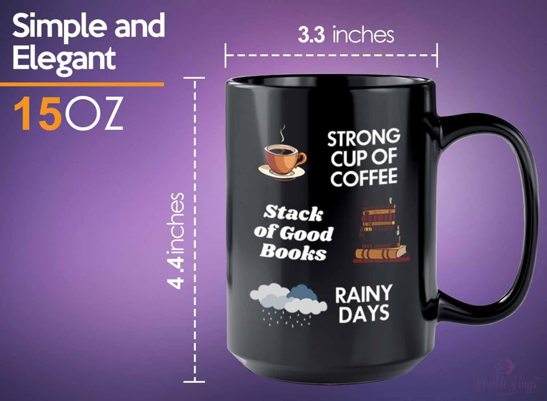 Reading Coffee Mug 15oz Black - Coffee Book Rainy Days - Reader Gift Bookworm Owl Lover Cat Lover Book Lover Novelist Librarian Writer