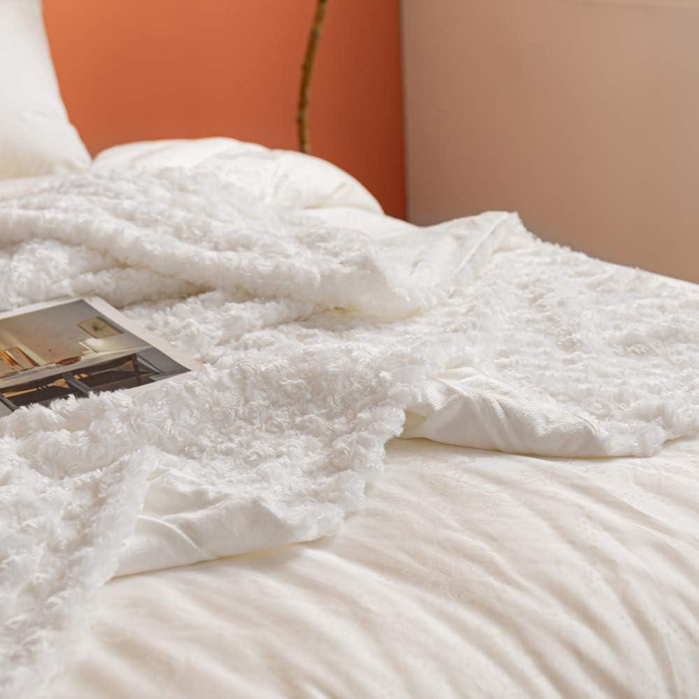 Simple&Opulence Plush Fluffy Throw Blanket Tridimensional Rose Pattern Soft Warm Microfiber Cozy Chic Shaggy Reversible Coverlet for Girls Home Décor Couch, 102"x 88" (King, White)