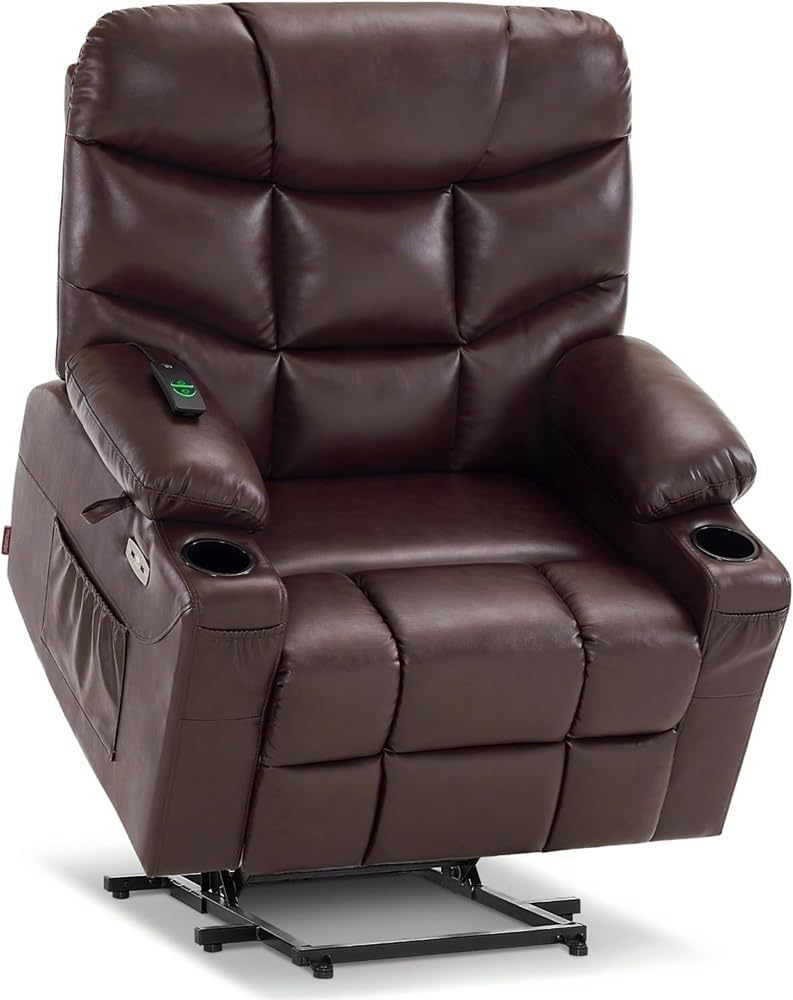 Leather Home Theater Power Lift Recliner Chair for Elderly, Ergonomic Electric Reclining Sofa with Massage and Heat, Heavy Duty Stand Up Chair with USB Ports & Side Pockets