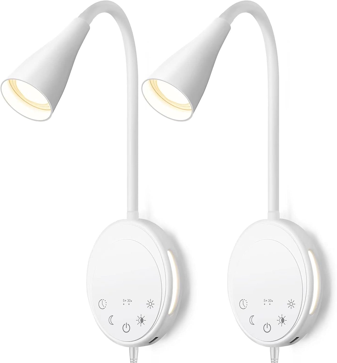 LED Wall Mount Reading Light, Bedside Reading Lights with Touch Control, 5 Dimmable, USB Output, Night Light & Timers, Flexible Gooseneck Headboard Bed Lights Wall Sconce (White-2P)