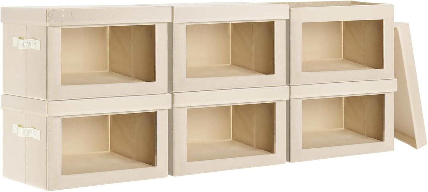 Collapsible Toy Storage Bins 6 PCS with Lids & Clear Window, Fabric Organizers with Handles for Closet, Nursery, Playroom | Beige Decorative Storage Boxes (14.5x9.4x9.8 Inches)