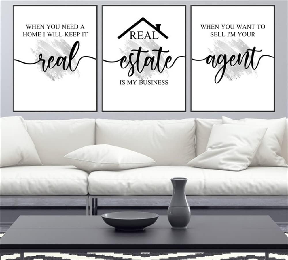 Canvas Painting 3 Piece Prints Silver Real Estate Wall Art Modular Poster Real Estate Agent Quotes Pictures Framed Artwork for Realtor Office Decoration with Wooden Inner Frame