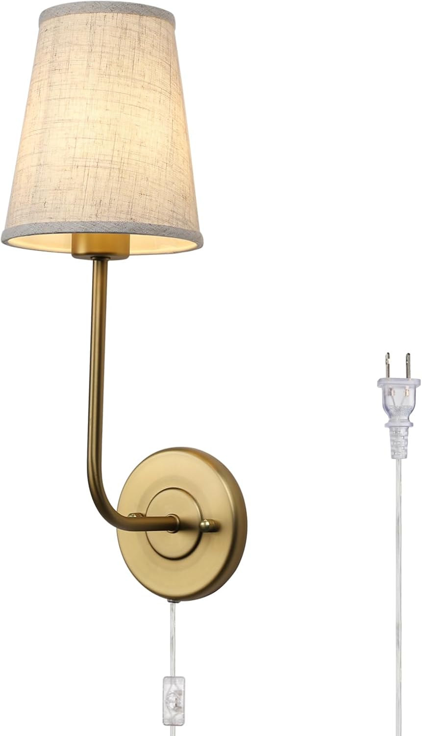 Pathson Plug in Fabric Wall Sconce Linen Cloth Shade, 1-Light Vintage Wall Light Fixture for Living Room Bedroom
