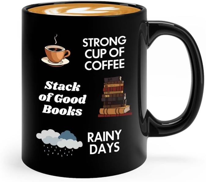 Reading Coffee Mug 11oz Black - Coffee Book Rainy Days - Reader Gift Bookworm Owl Lover Cat Lover Book Lover Novelist Librarian Writer