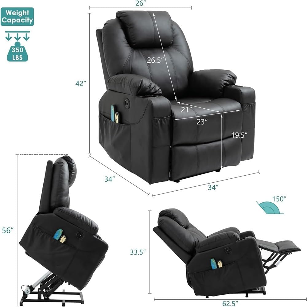 Power Lift Recliner Chair for Elderly, PU Leather Electric Massage Chair with Heat, Ergonomic Lift Chair with 2 Cup Holders & Side Pockets, Motorized Home Theater Seating