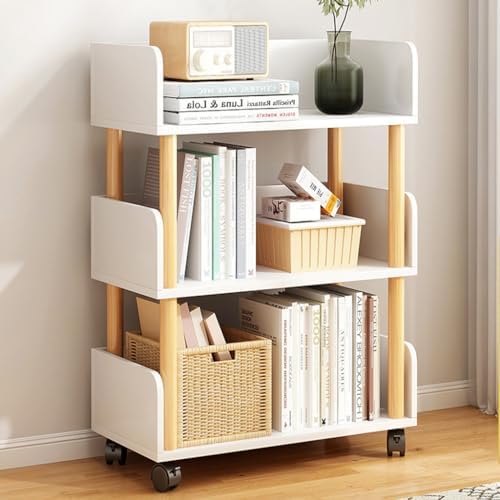 2-Tier Wooden Mobile Bookshelf on Wheels - Narrow Space-Saving Bookcase Organizer for Bedroom, Living Room, Home Office, Kids Room, Modern Design, Easy Mobility