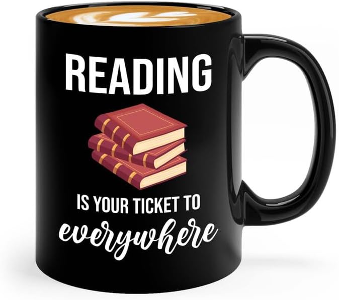 Bookish Coffee Mug 11oz Black -Reading ticket to everywhere - Novel enthusiast Book Club Librarian Book Lover Writer Reader Bibliophile