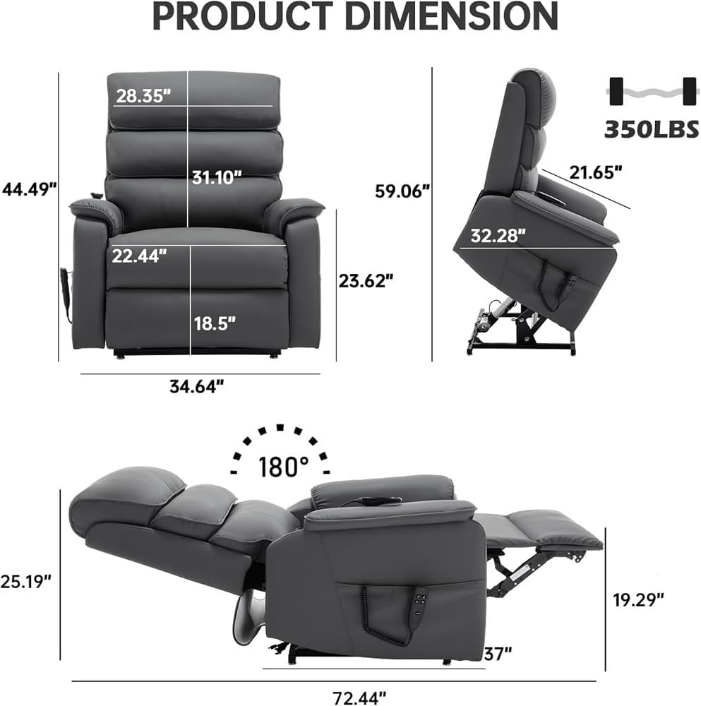 Power Lift Recliner Chair for Elderly, Lay Flat Electric Living Room Sofa with Heat and Massage, Breathable Gray Leather Power Recliner with 2 Side Pockets, USB Ports