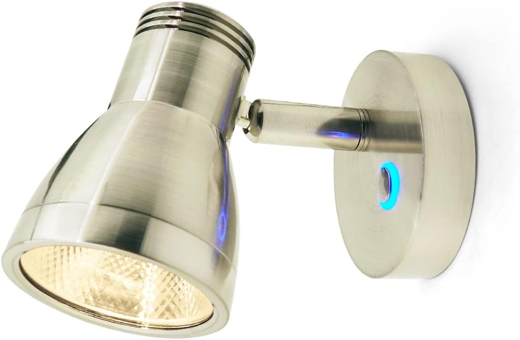 THALASSA RV Overhead Reading Light 12V LED Spotlight Camper Motorhome Interior Warm Light Brushed Nickel with Blue Small Reminder Light, Adjustable Touch Dimmer Switch 3W DC 10-30V