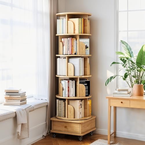 White Tall Rotating Bookcase with Drawer & Wheels, 5-Tier Corner Shelf for Bedroom, Living Room & Office, Wooden Bookshelf, Stylish Storage Solution