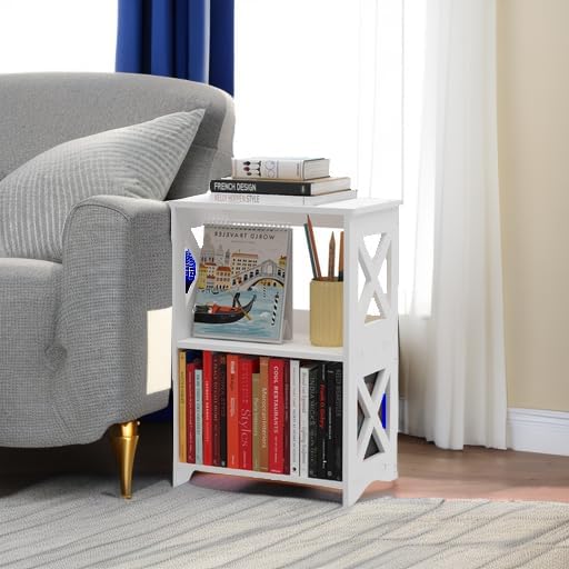 Side Table, Narrow End Table with Storage Shelf, Minimalist Bedside Tables Nightstand, Small Bookshelf Bookcase, Bathroom Shelves, Display Rack for Bedroom, Living Room, Office, White.