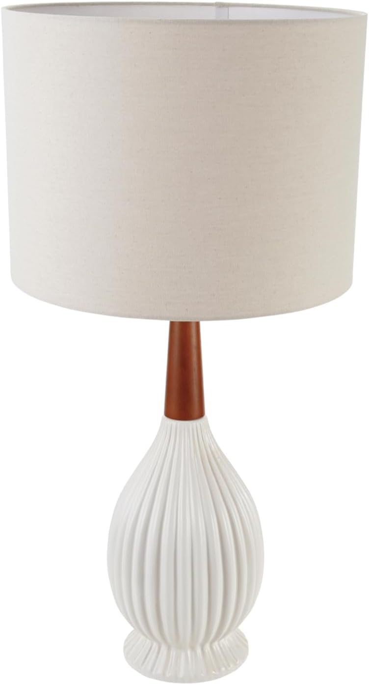 Creative Co-Op Stoneware Table Lamp with Rubberwood Neck Shade