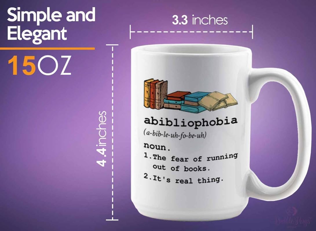 Reading Coffee Mug 15oz White - Abibliophobia Definition - Reader Gift Bookworm Owl Lover Cat Lover Book Lover Novelist Librarian Writer