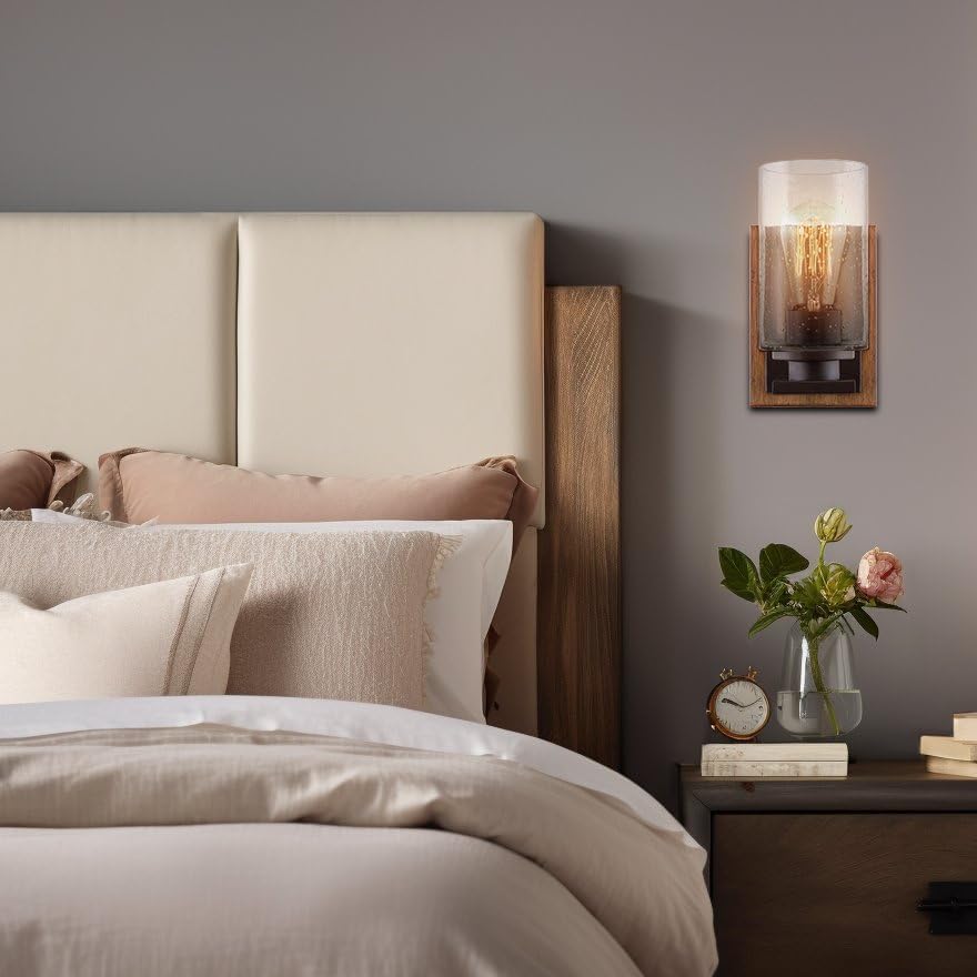 Kira Home Sedona 9" Modern Rustic Wall Sconce + Seeded Glass Cylinder Shade, Oil Rubbed Bronze + Wood Style Walnut Finish