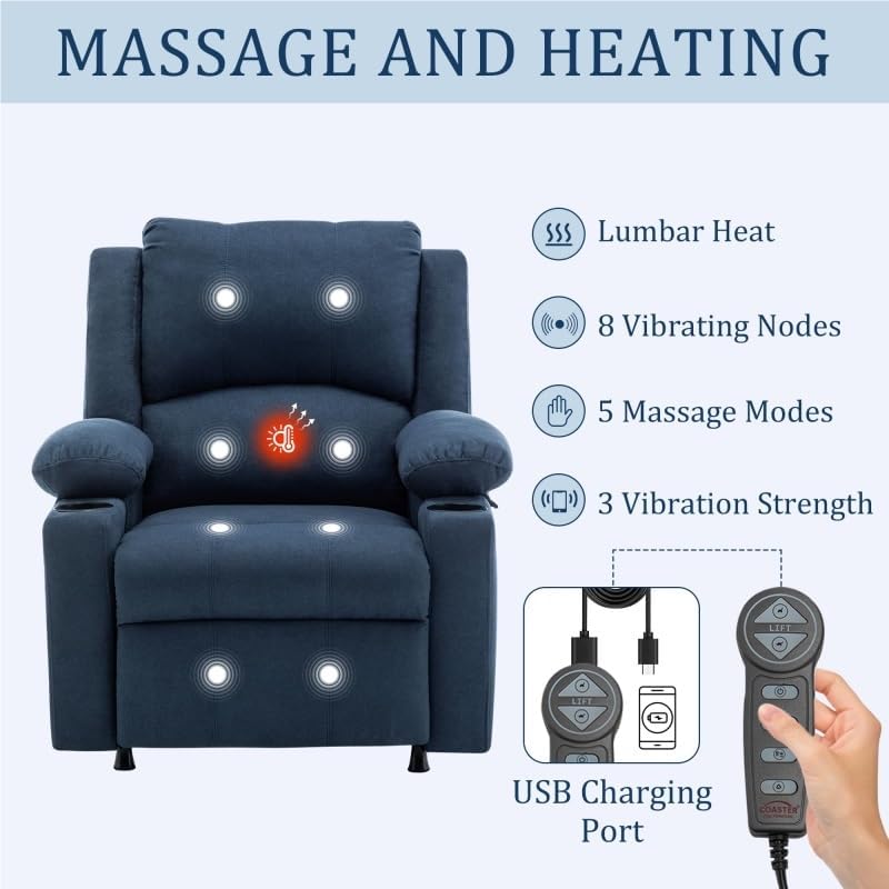 Power Recliner Chair Adults Upholstered Heating Point Massage Theater Seating Single Sofa Chairs with Side Pockets Sidetable for Living Room