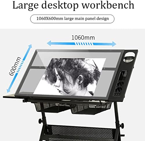 Drawing Tilting Tablet,Folding Art Desk/Drafting/Drawing Table/Craft Desk with Adjustable Height 74-93Cm, 2 Drawers and 0-80° Tiltable Tabletop, Tempered Glass