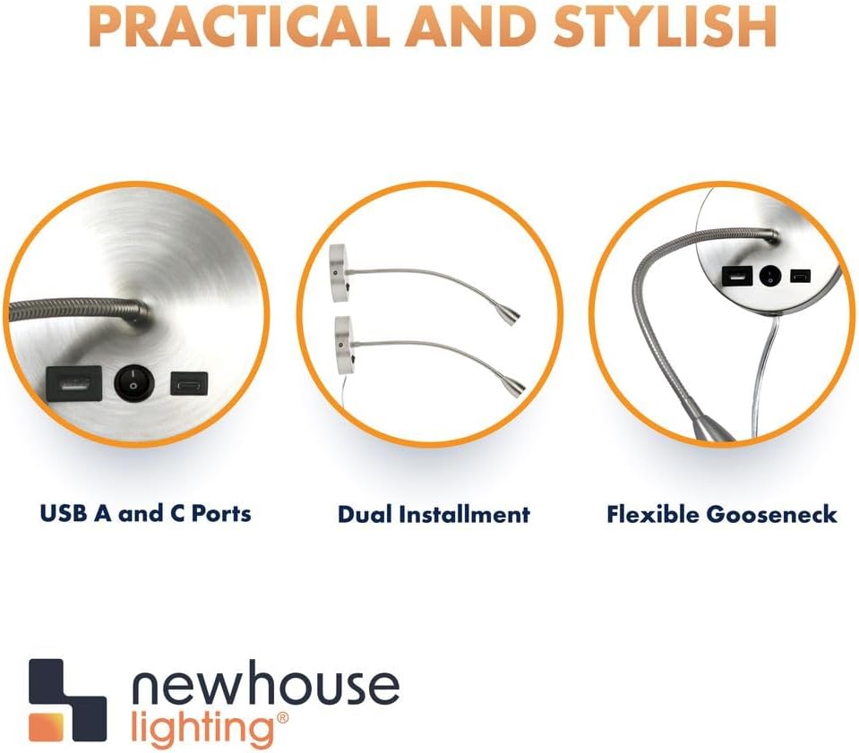 Newhouse Lighting 4.5 in. W x 15 in. H Selene Gooseneck Reading Light in Brushed Steel with USB-A and USB-C Charging Ports NHRL-SE-SLV, Bedside Lamp for Nightstands, Space-Saving Office Desk Accessory