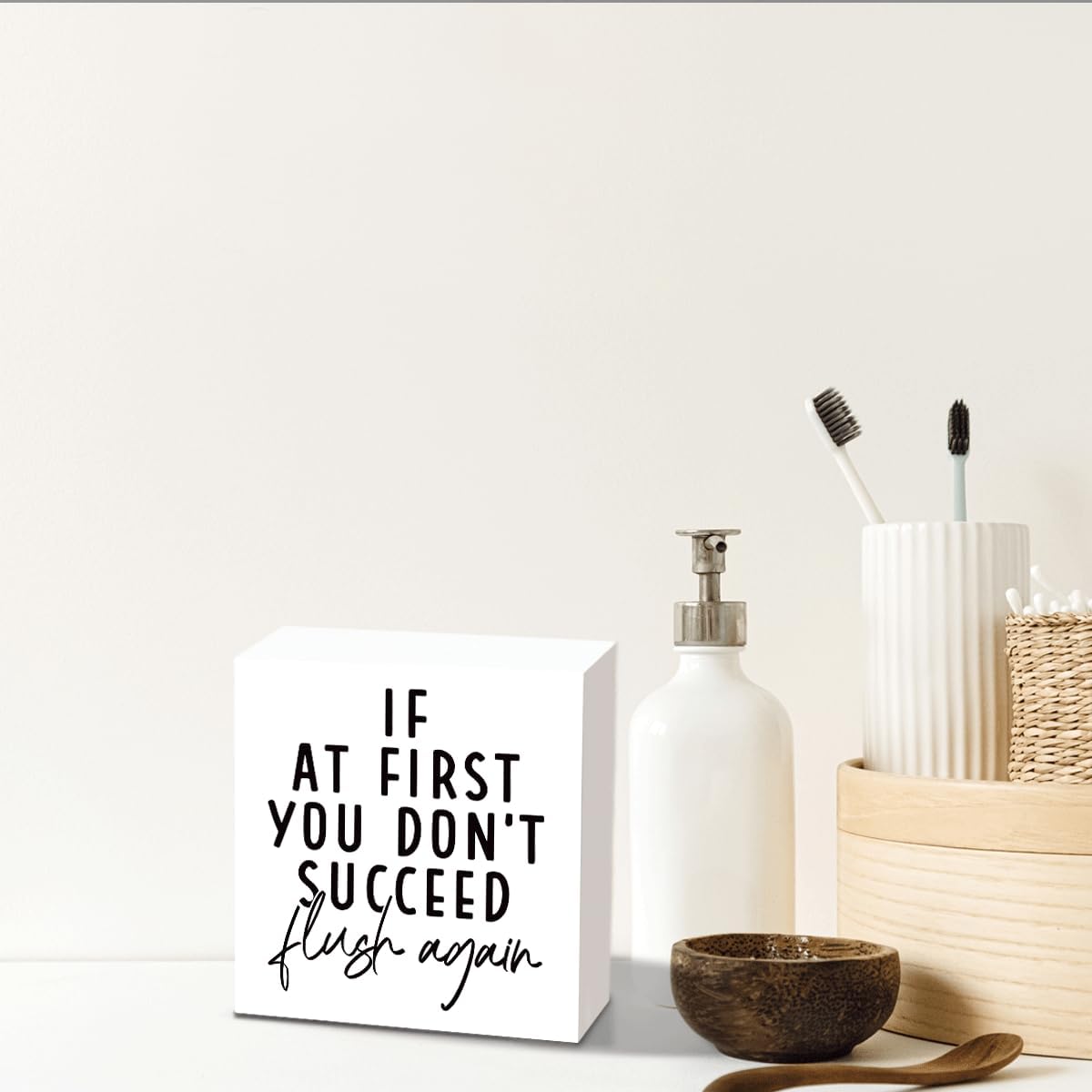 Rustic Wooden Bathroom Signs, If at First You Don't Succeed, Flush Again, Washroom Wooden Block Signs, Rustic Wood Plaque Box Sign for Home Office Restroom Toilet Shelf Table Decoration