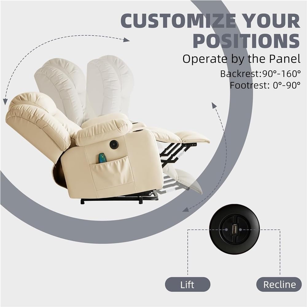Electric Power Lift Recliner Chair for Elderly with Massage and Heat Comfortable Leather Upholstered Remote Control Cup Holders USB Ports Side Storage Pockets Beige Seating