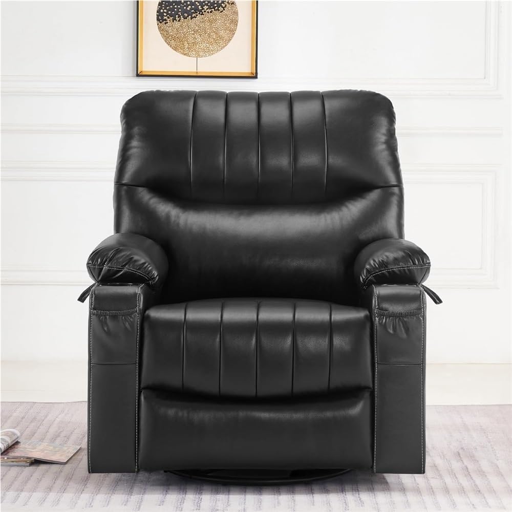 Power Swivel Rocker Recliner Chair with Heat and Vibration, Black Leather Electric Glider Recliner for Nursery, Living Room Sofa with USB Ports & Side Pockets