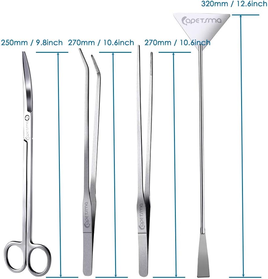 Capetsma Aquascape Long Stainless Steel Plant Tools Set - Aquarium Tweezers, Scissors, Spatula, Algae Scrapers - Fish Tank Cleaning Kit
