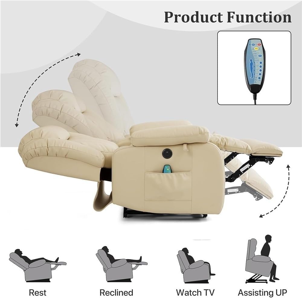 Large Power Dual Motor Lift Recliner Chair with Heated Massage Breathable Leather Electric Recliners Chairs for Living Room Home Theater