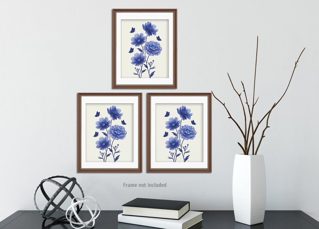 heshengzaixian Modern Flower Botanical Prints,Blue Cosmos Canvas Wall Art Picture, Minimalist Floral Poster Set, Chic Wildflower Artwork for Home Office, Gift for Woman,Set of 3 8x10in Unframed