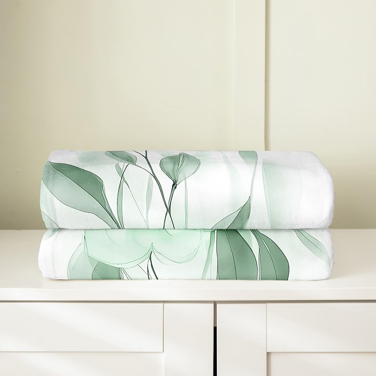 Green and Grey Boho Flannel Blanket Watercolor Floral Throw Blanket Ink Painting Style Flower and Leaf Cozy Throws for Bed Couch Sofa,Kids Boys Girls Room Decor,Soft and Breathable(40 x 50 Inches)