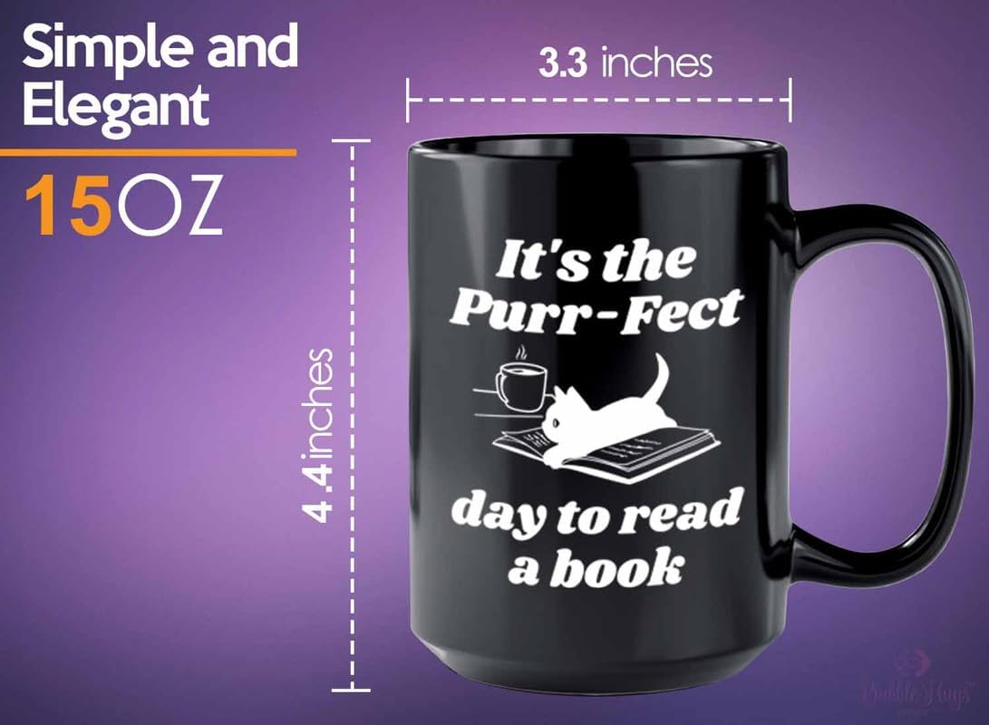Reading Coffee Mug 15oz Black - Purr-fect Day Read a Book - Reader Gift Bookworm Owl Lover Cat Lover Book Lover Novelist Librarian Writer