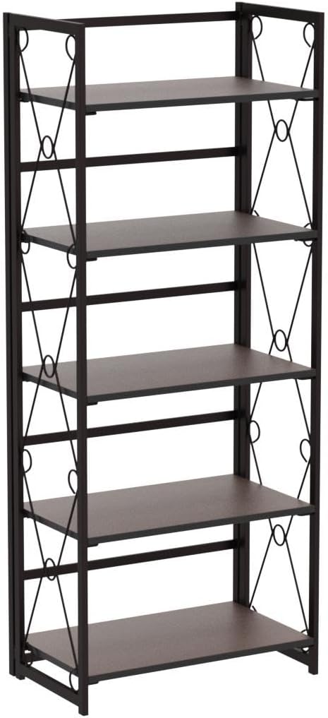 VECELO 5 Tier Bookshelf, Industrial Folding Bookcase with Metal Frames,Modern Standing Storage Rack Shelf Organizer for Home and Office,