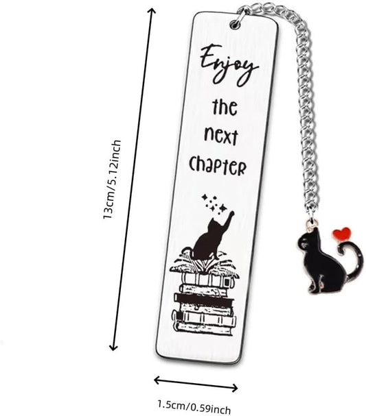 Cat Metal Bookmark, Engraved 'Enjoy The Next Chapter', Stainless Steel, 5.1 x 1.02 Inches