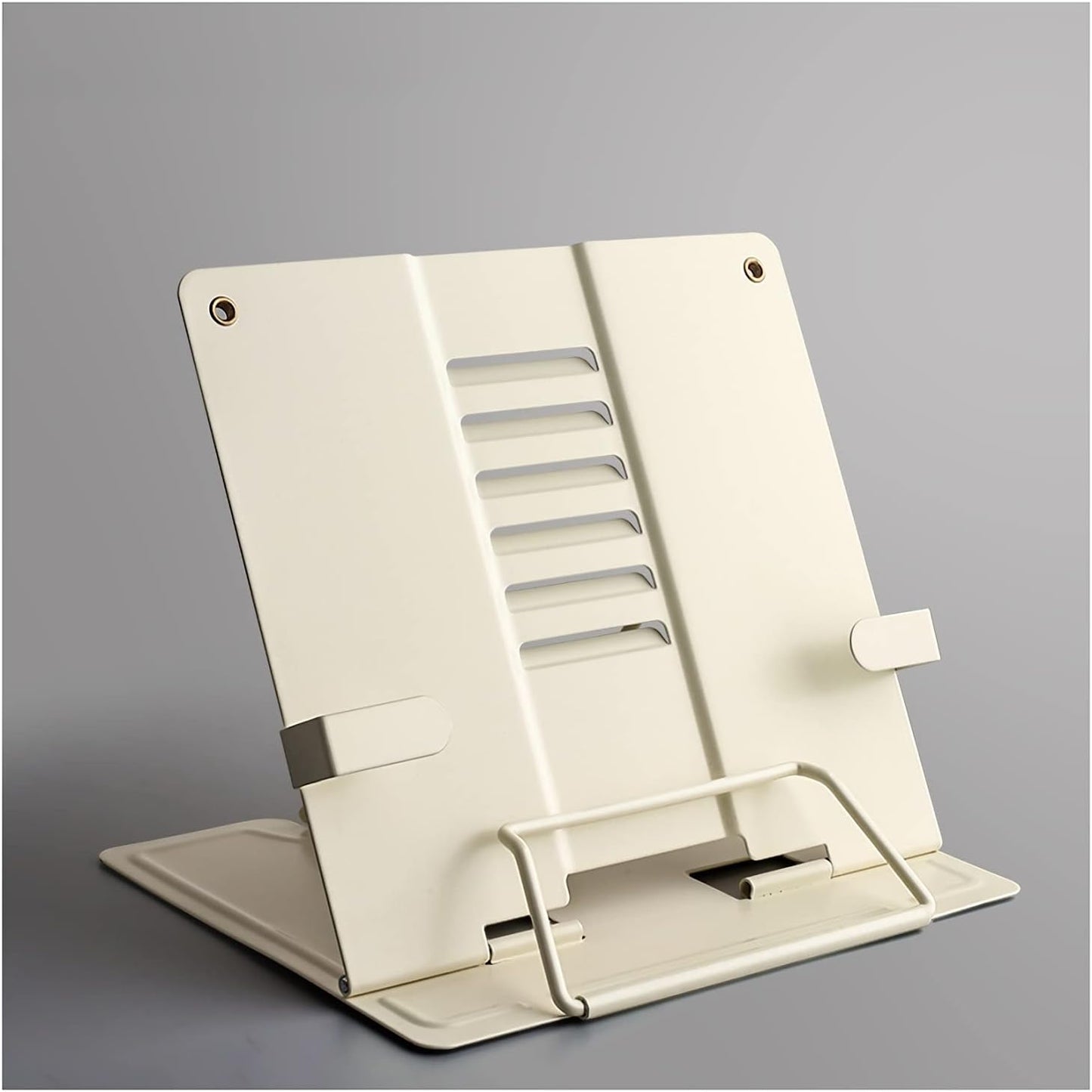 Book Stand Metal Book Stand with Fixing Clips Folding Reading Book Holder with 6 Adjustable Angles for Cookbook Tablet Textbook 8.3 x 7.7 inch (Color : Beige) (Beige)