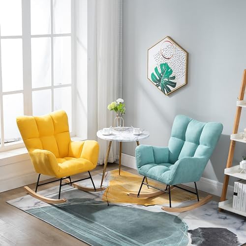 Fashion Wingback Rocking Chair Office Lounge Chair Adults Reading Chair Relax Chair Comfy Upholstered Rocker Armchair with Solid Wood Legs for Home Living Room Bedroom