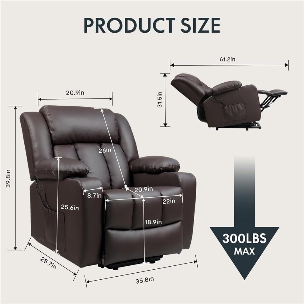 Heavy Duty Power Lift Recliner with Massage & Heat – Oversized Electric Leather Recliner Chair for Elderly Adults, Cup Holders, USB Ports, Comfort Support Seating for Bedroom & Living Room