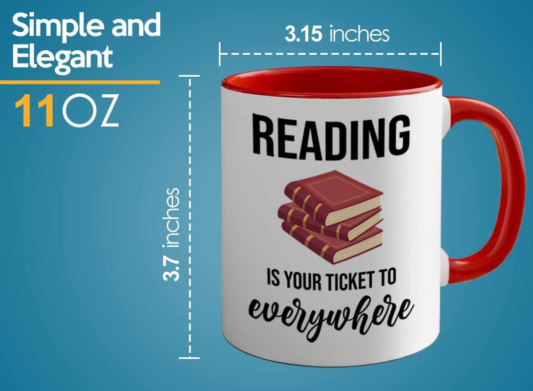 Bookish 2Tone Mug 11oz Red -Reading ticket to everywhere - Novel enthusiast Book Club Librarian Book Lover Writer Reader Bibliophile
