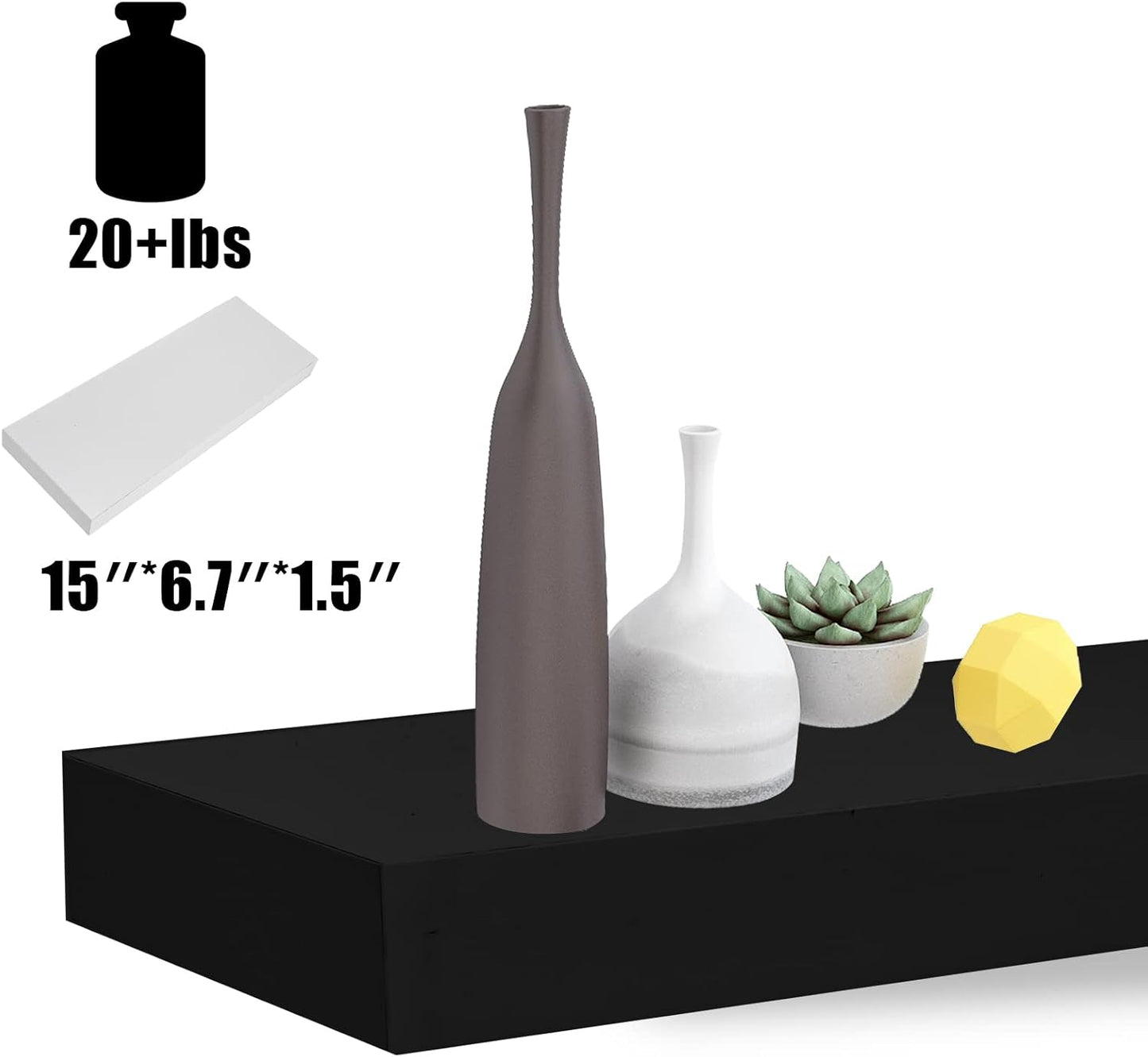 Floating Shelves for Wall Storage, 15 inch Wall Mounted Shelves Set of 3, Wood Hanging Book Shelf for Living Room, Bathroom, Bedroom, Kitchen, Over Toilet Home Decor, Holder Display (Black)