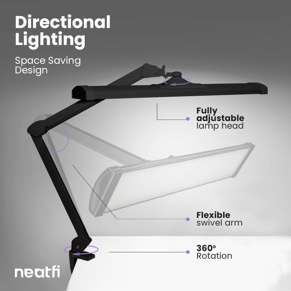 Neatfi Ultra 3,500 Lumens LED Desk Lamp – 45W, 26” Wide Metal Shade, 270 SMD LEDs, Shadow-Free | Adjustable Brightness | Non-Flickering Task Light for Nail, Craft & Office (Non-CCT with Clamp, Black)