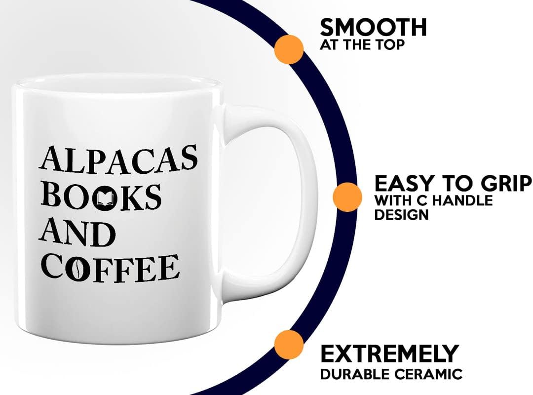 Book Lovers Coffee Mug 11oz White - Alpacas Books And Coffee - Animal Lovers Caffeine Addict Bookworm Readers Novel Camelid Mammal Llamas
