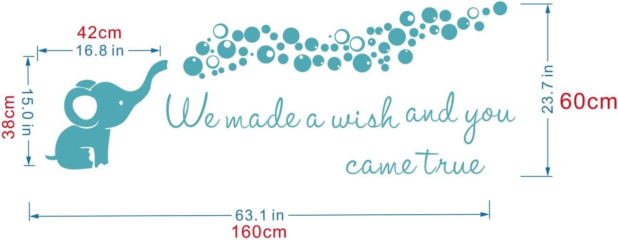 Home Nursery Room Wall Decor Sticker Baby Elephant Blowing Bubble Wall Sticker Vinyl Wall Decal Quotes We Made a Wish and You Came True Kids Bedroom Wall Mural AFN100 (Teal Green)