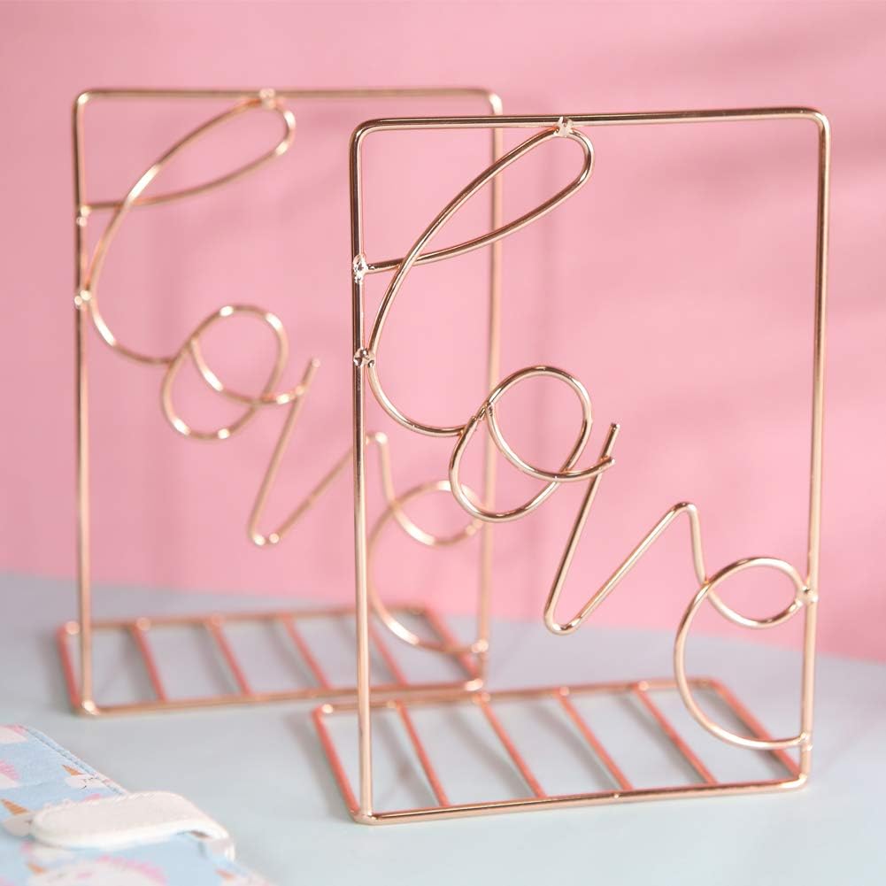 Winterworm Metal Bookends Book Ends Heavy Duty Modern Decorative for Bedroom Library Office School Book Display Desktop Organizer Gift(Love Rose Gold)