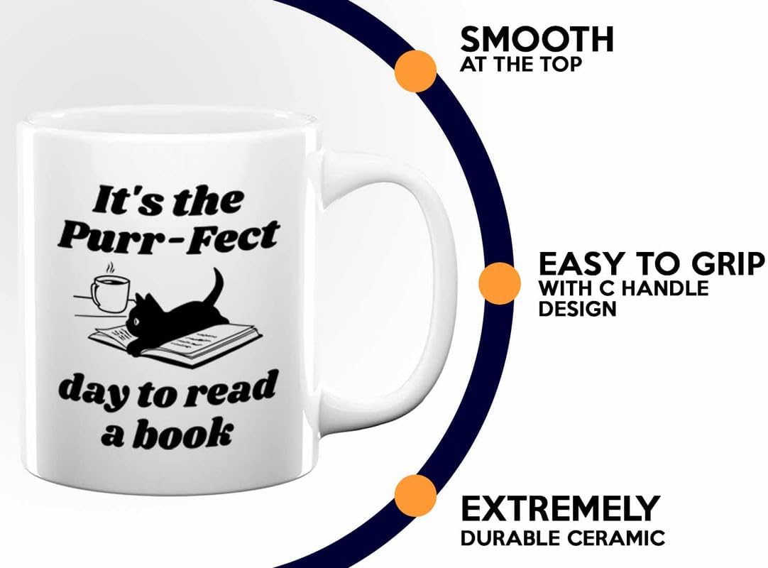 Reading Coffee Mug 11oz White - Purr-fect Day Read a Book - Reader Gift Bookworm Owl Lover Cat Lover Book Lover Novelist Librarian Writer